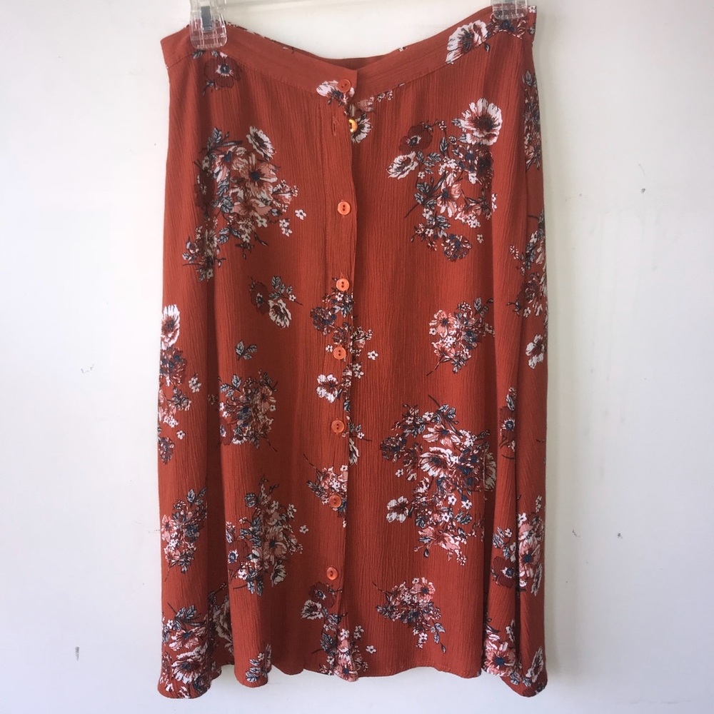 Orange floral button down knee length skirt